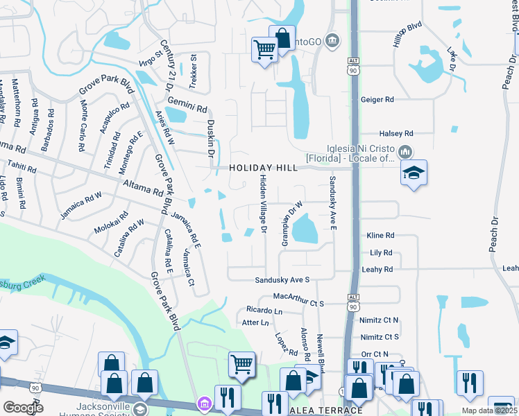 map of restaurants, bars, coffee shops, grocery stores, and more near 2626 Hidden Village Drive in Jacksonville