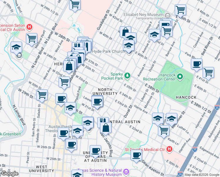 map of restaurants, bars, coffee shops, grocery stores, and more near 3405 Helms Street in Austin