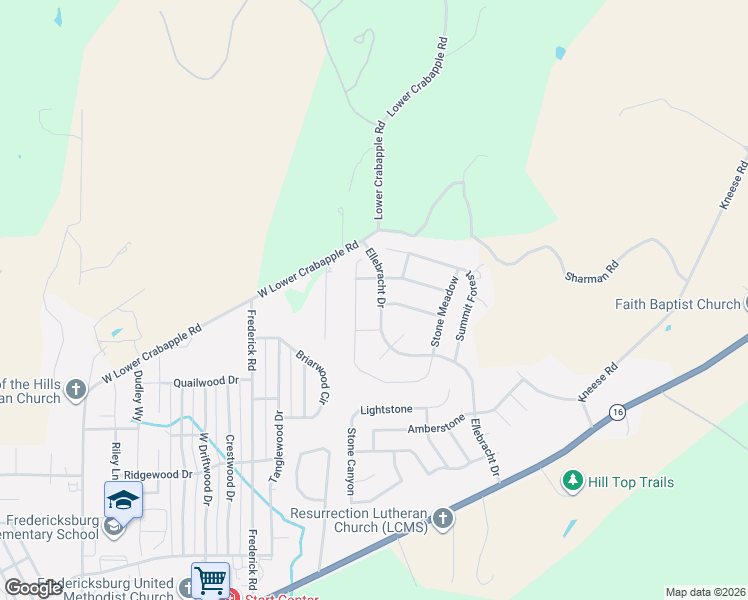 map of restaurants, bars, coffee shops, grocery stores, and more near 337 Ellebracht Drive in Fredericksburg