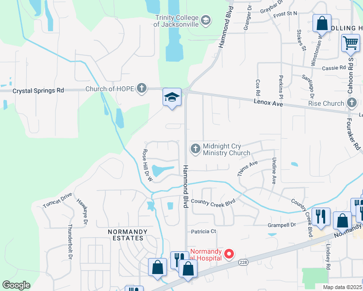 map of restaurants, bars, coffee shops, grocery stores, and more near 1373 Rose Hill Drive East in Jacksonville
