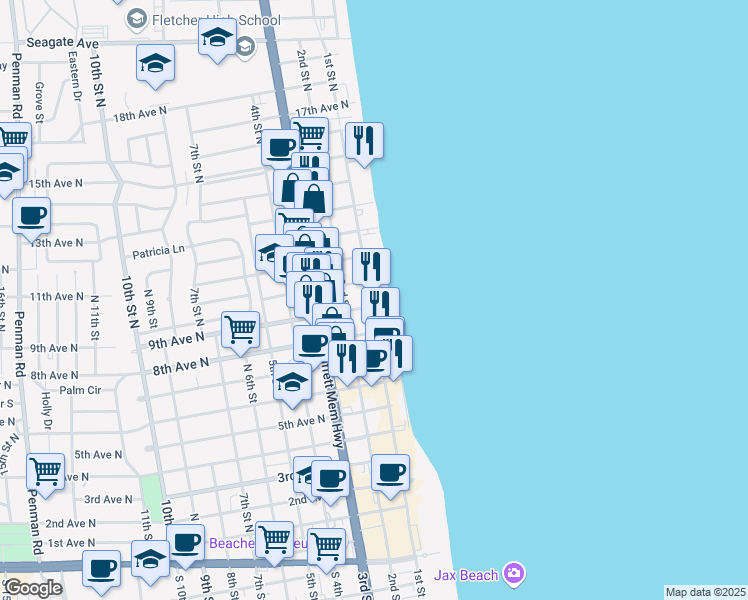 map of restaurants, bars, coffee shops, grocery stores, and more near 1003 1st Street North in Jacksonville Beach