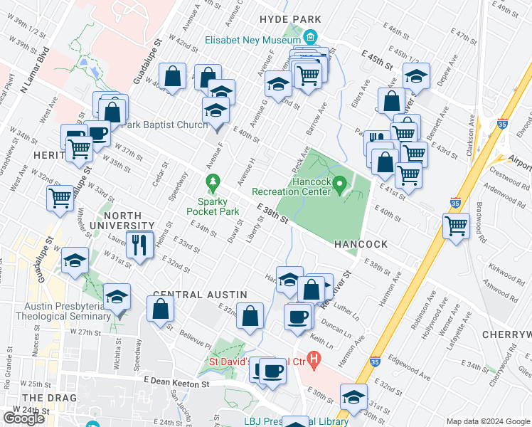 map of restaurants, bars, coffee shops, grocery stores, and more near 601 East 38th Street in Austin
