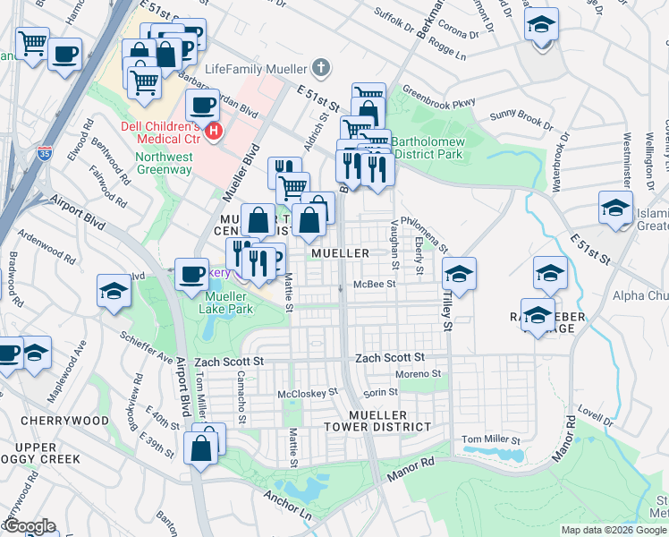 map of restaurants, bars, coffee shops, grocery stores, and more near in Austin