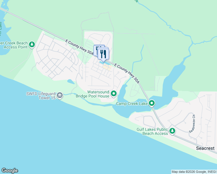 map of restaurants, bars, coffee shops, grocery stores, and more near 59 West Crabbing Hole Lane in Rosemary Beach