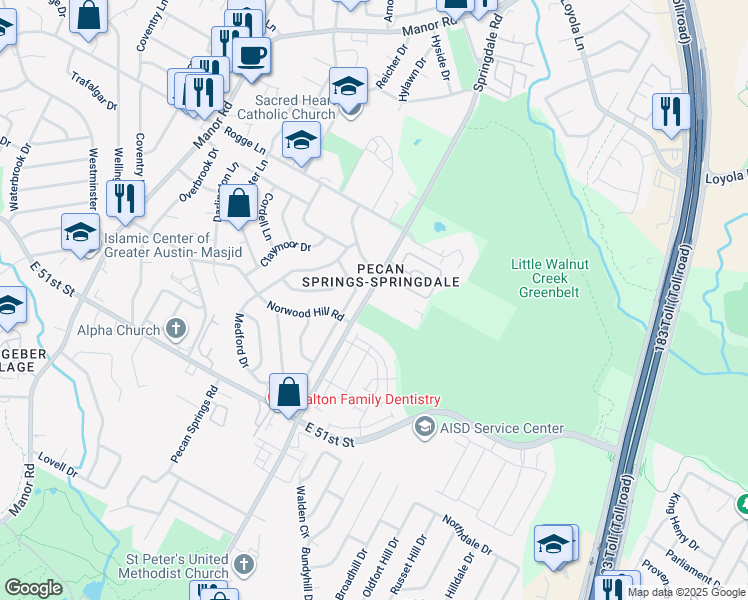 map of restaurants, bars, coffee shops, grocery stores, and more near 5521 Springdale Road in Austin