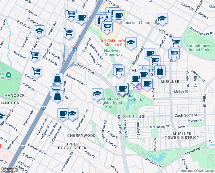 map of restaurants, bars, coffee shops, grocery stores, and more near 4304 Airport Boulevard in Austin