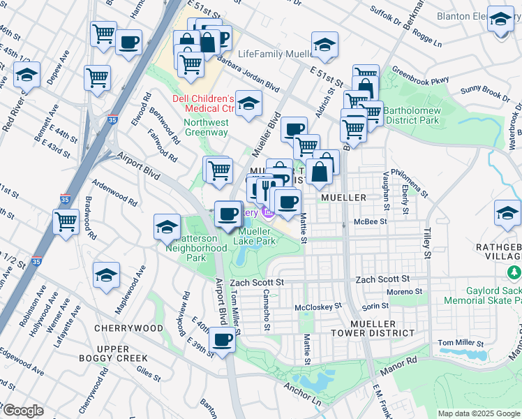 map of restaurants, bars, coffee shops, grocery stores, and more near 1905 Aldrich Street in Austin