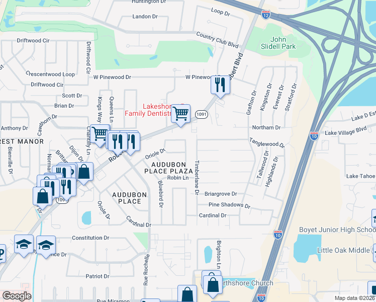 map of restaurants, bars, coffee shops, grocery stores, and more near 370 Oriole Drive in Slidell