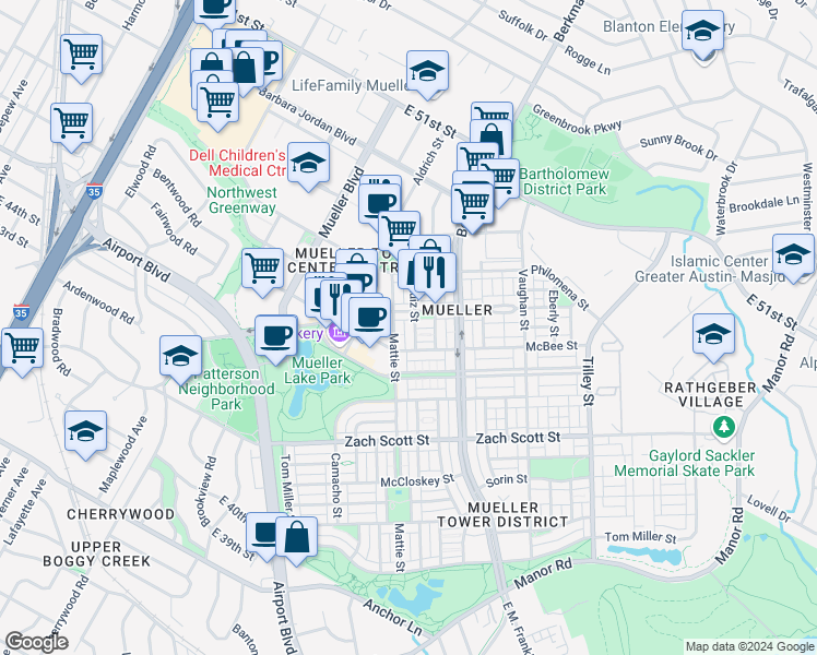 map of restaurants, bars, coffee shops, grocery stores, and more near 4524 Ruiz Street in Austin