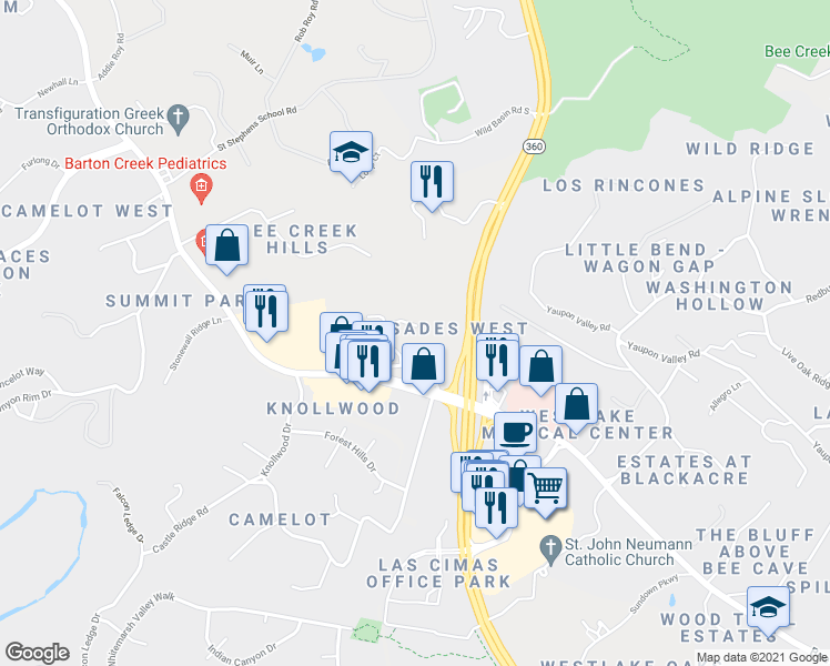 map of restaurants, bars, coffee shops, grocery stores, and more near 6300 Bee Caves Road in Austin
