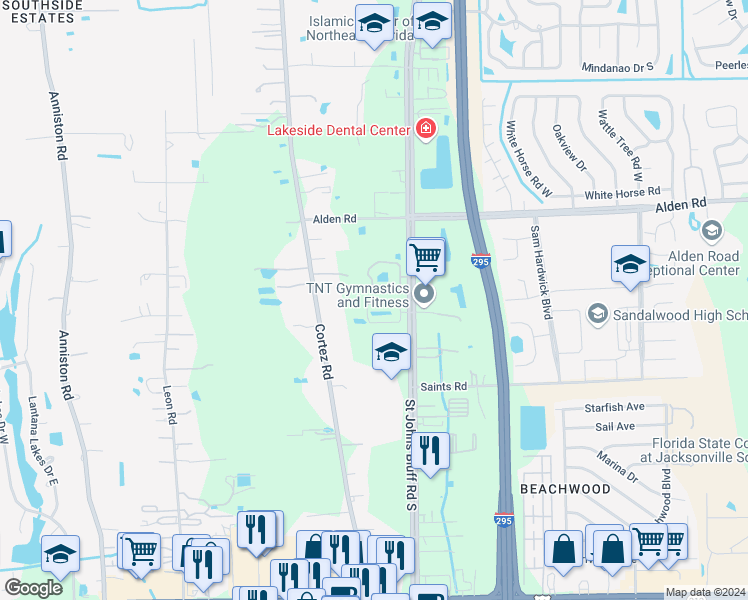 map of restaurants, bars, coffee shops, grocery stores, and more near 2678 Saint Johns Bluff Road South in Jacksonville