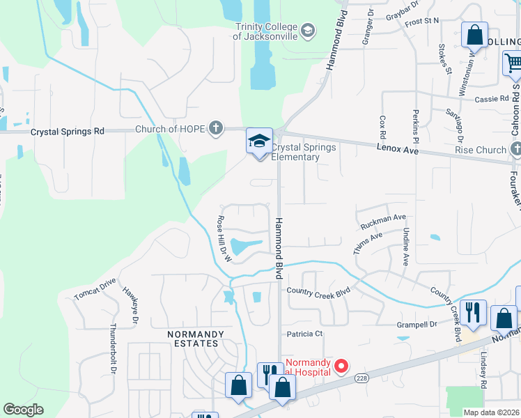 map of restaurants, bars, coffee shops, grocery stores, and more near 8863 Rose Hill Drive North in Jacksonville