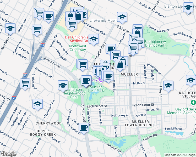 map of restaurants, bars, coffee shops, grocery stores, and more near in Austin