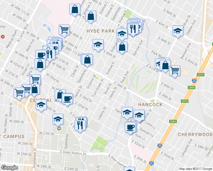 map of restaurants, bars, coffee shops, grocery stores, and more near 3707 Tom Green Street in Austin