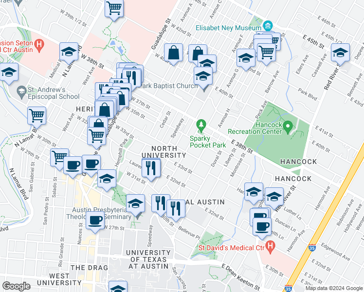 map of restaurants, bars, coffee shops, grocery stores, and more near 3405 Helms Street in Austin