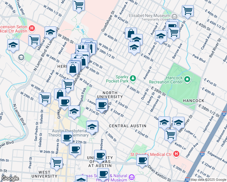 map of restaurants, bars, coffee shops, grocery stores, and more near 3400 Speedway in Austin