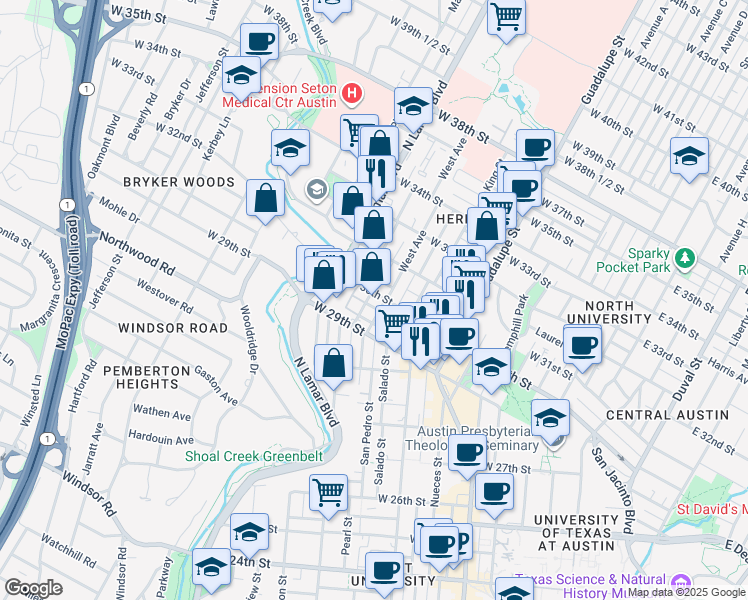 map of restaurants, bars, coffee shops, grocery stores, and more near in Austin