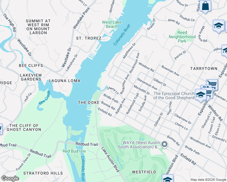 map of restaurants, bars, coffee shops, grocery stores, and more near 1710 Rockmoor Avenue in Austin