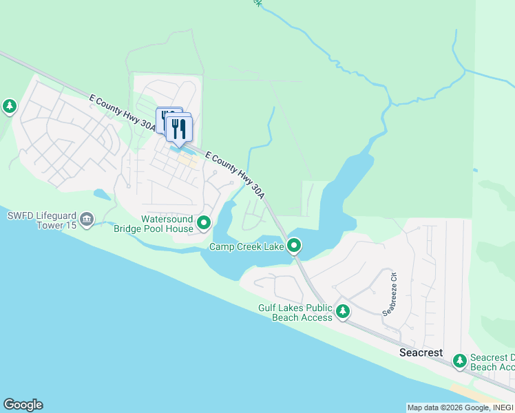 map of restaurants, bars, coffee shops, grocery stores, and more near 260 Gulf Lane in Panama City Beach