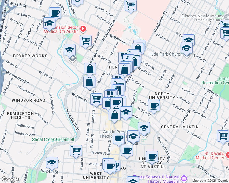 map of restaurants, bars, coffee shops, grocery stores, and more near 613 West 31st Street in Austin
