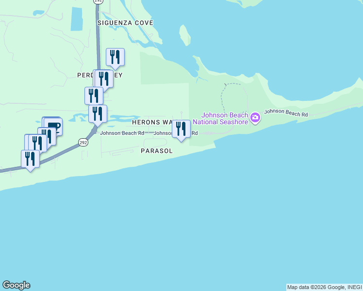 map of restaurants, bars, coffee shops, grocery stores, and more near 13333 Johnson Beach Road in Pensacola