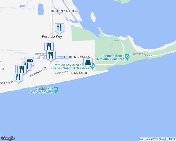 map of restaurants, bars, coffee shops, grocery stores, and more near 13335 Johnson Beach Road in Pensacola