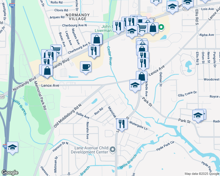 map of restaurants, bars, coffee shops, grocery stores, and more near 1325 Ottawa Avenue in Jacksonville