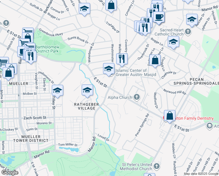 map of restaurants, bars, coffee shops, grocery stores, and more near Manor Rd & E 51st St in Austin