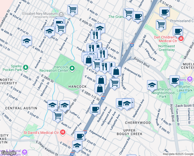 map of restaurants, bars, coffee shops, grocery stores, and more near 925 East 41st Street in Austin