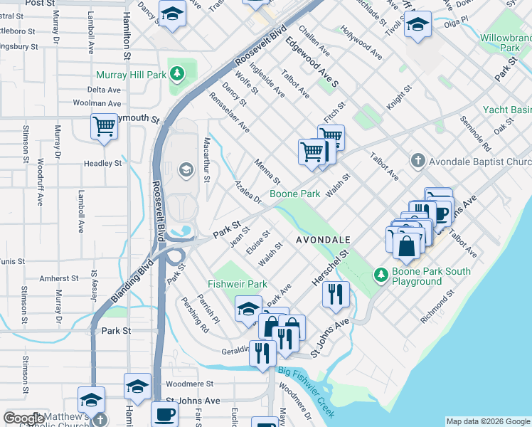 map of restaurants, bars, coffee shops, grocery stores, and more near 3805 Park Street in Jacksonville