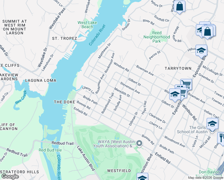 map of restaurants, bars, coffee shops, grocery stores, and more near 1904 Robinhood Trail in Austin