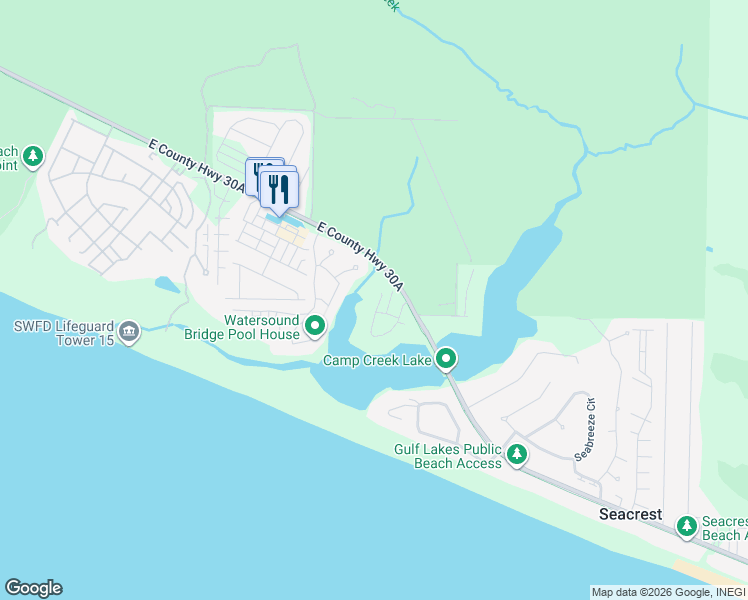 map of restaurants, bars, coffee shops, grocery stores, and more near 260 Gulf Lane in Panama City Beach