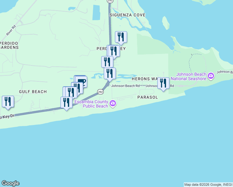 map of restaurants, bars, coffee shops, grocery stores, and more near 13500 Sandy Key Drive in Pensacola