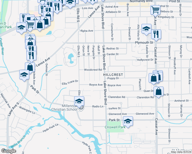 map of restaurants, bars, coffee shops, grocery stores, and more near 1318 Pangola Drive in Jacksonville