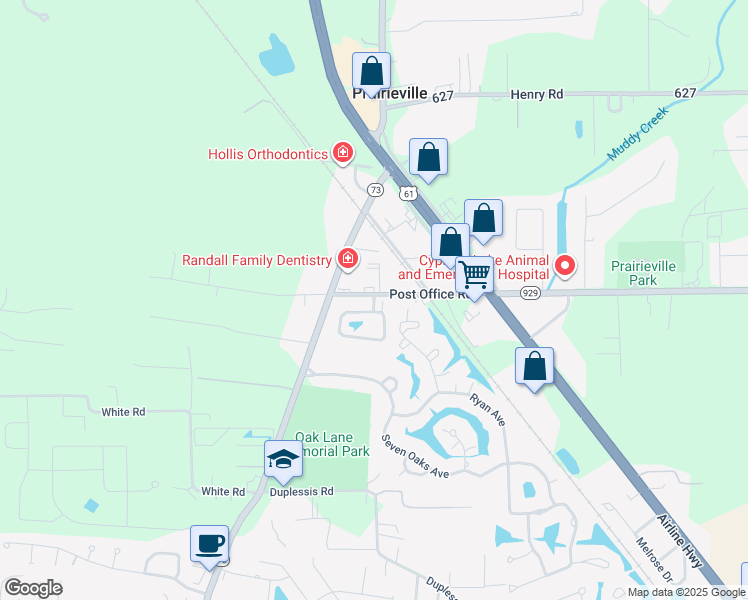 map of restaurants, bars, coffee shops, grocery stores, and more near 38050 Post Office Road in Prairieville