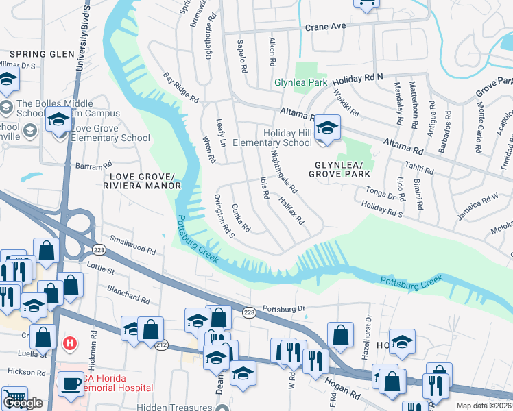 map of restaurants, bars, coffee shops, grocery stores, and more near 1039 Glynlea Road in Jacksonville