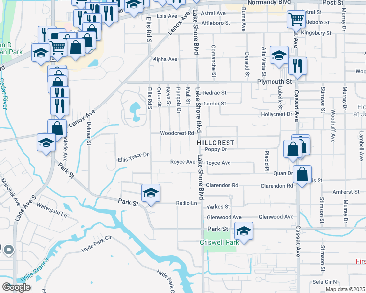 map of restaurants, bars, coffee shops, grocery stores, and more near 1318 Pangola Drive in Jacksonville