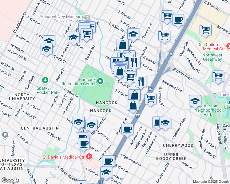 map of restaurants, bars, coffee shops, grocery stores, and more near 915 East 41st Street in Austin