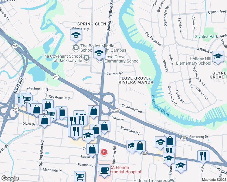 map of restaurants, bars, coffee shops, grocery stores, and more near 1218 Hickman Road in Jacksonville