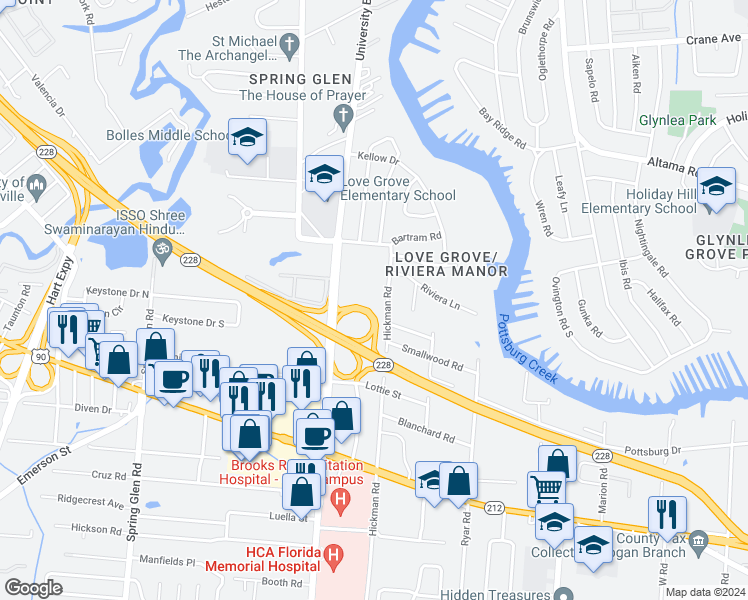 map of restaurants, bars, coffee shops, grocery stores, and more near 1218 Hickman Road in Jacksonville