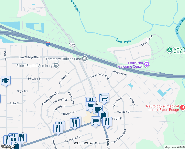 map of restaurants, bars, coffee shops, grocery stores, and more near 302 East Queensbury Drive in Slidell