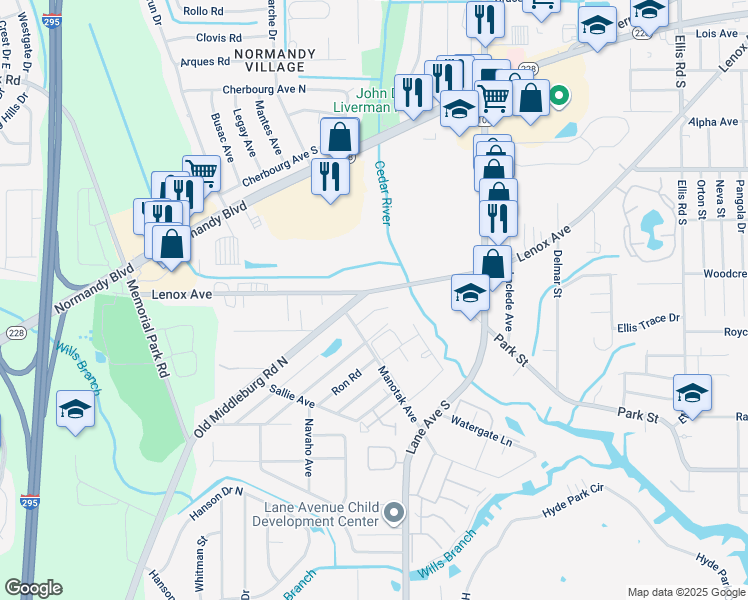 map of restaurants, bars, coffee shops, grocery stores, and more near 1325 Ottawa Avenue in Jacksonville