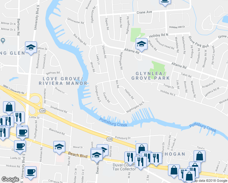 map of restaurants, bars, coffee shops, grocery stores, and more near 1059 Glynlea Road in Jacksonville