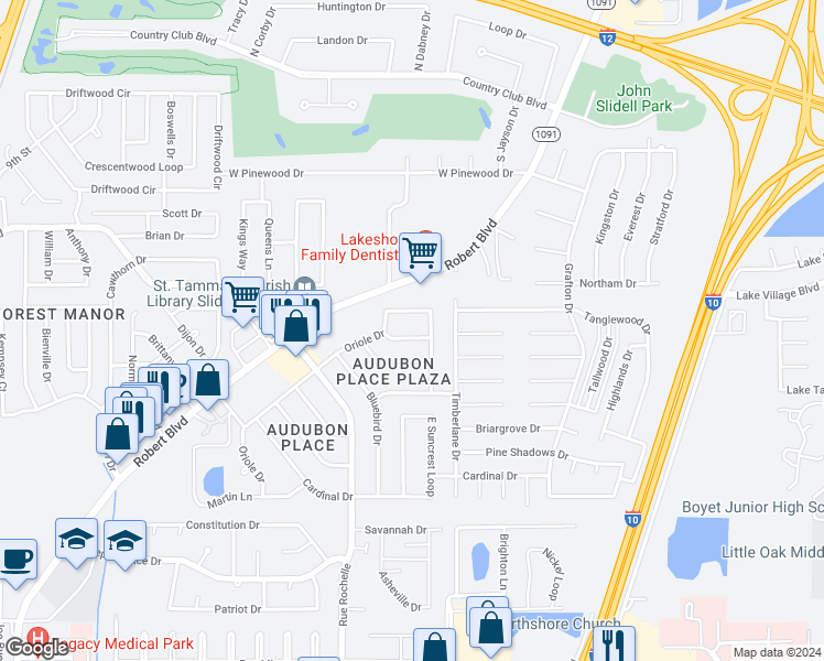 map of restaurants, bars, coffee shops, grocery stores, and more near 352 Mallard Drive in Slidell