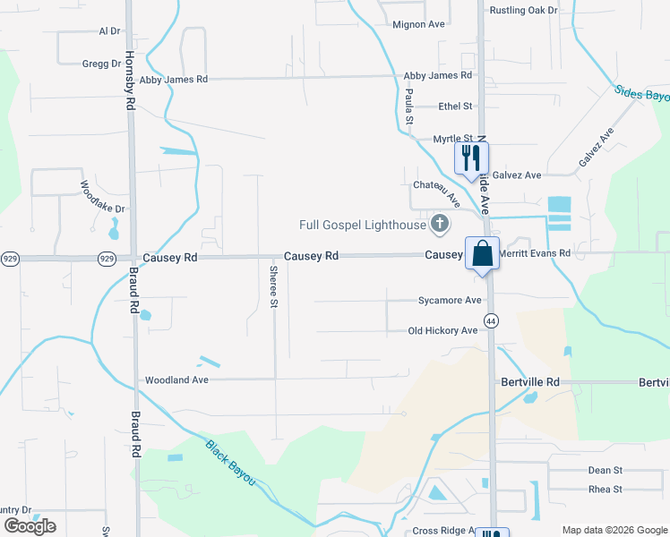 map of restaurants, bars, coffee shops, grocery stores, and more near 40283 - 40405 Causey Road in Gonzales