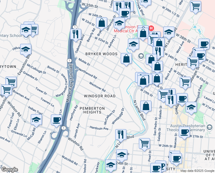 map of restaurants, bars, coffee shops, grocery stores, and more near 1501 Northwood Road in Austin