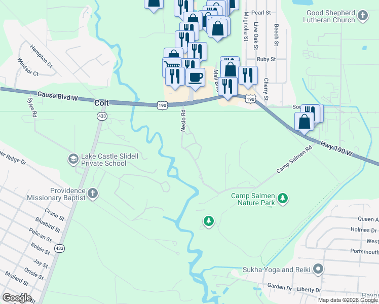 map of restaurants, bars, coffee shops, grocery stores, and more near 59505 Neslo Road in Slidell