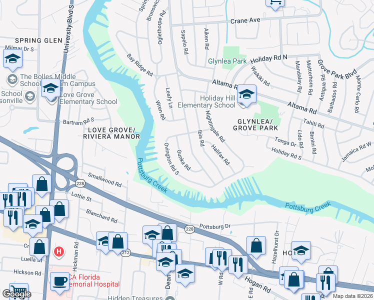 map of restaurants, bars, coffee shops, grocery stores, and more near 1039 Glynlea Road in Jacksonville