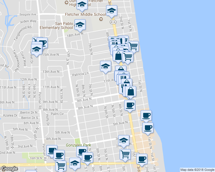map of restaurants, bars, coffee shops, grocery stores, and more near 518 Barbara Lane in Jacksonville Beach