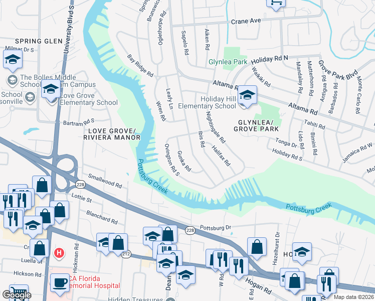 map of restaurants, bars, coffee shops, grocery stores, and more near 1039 Glynlea Road in Jacksonville